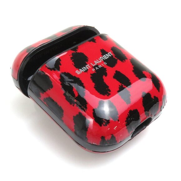 Auth SAINT LAURENT Leopard AirPods Case Red/Black Plastic - e58620a